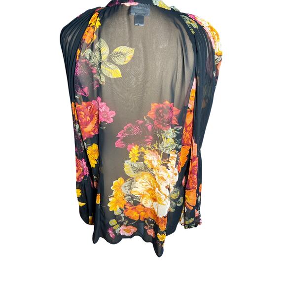 Worthington Black floral sheer long bishop sleeve button up blouse Whimsigoth XL - Picture 3 of 9